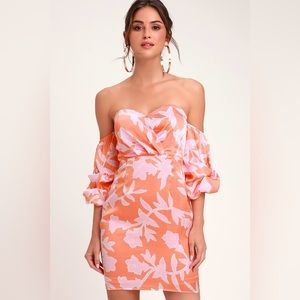 Lulu’s Baros Coral Orange Floral Print Off-the-Shoulder Bodycon Dress
